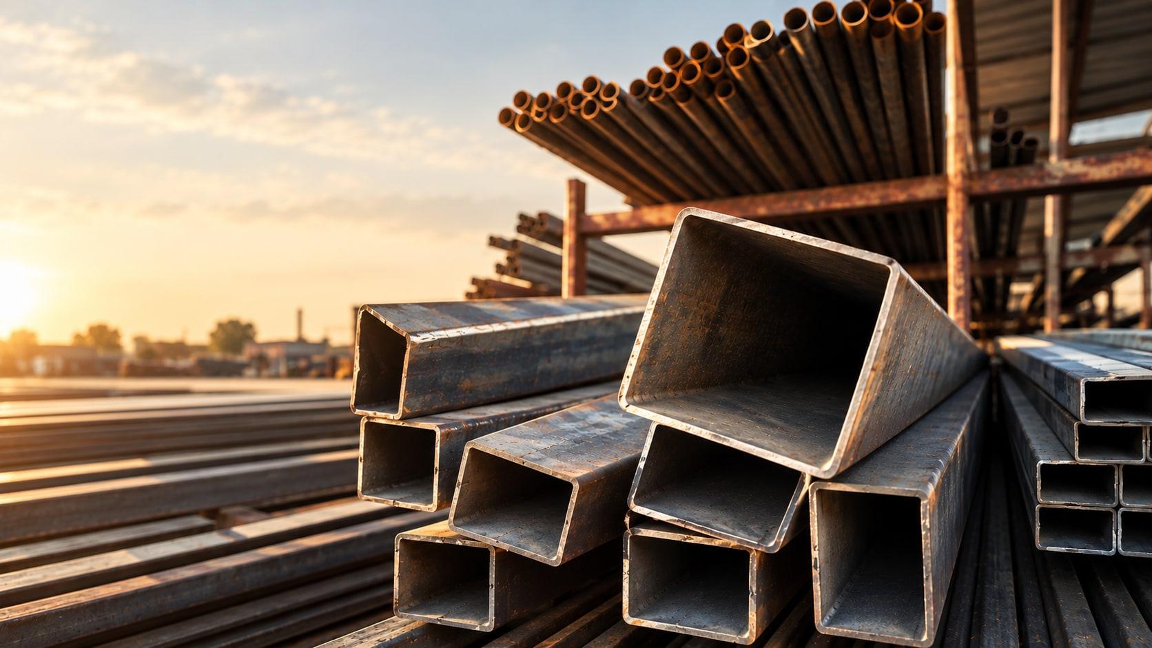 Steel sections stacked in a Jabri materials yard